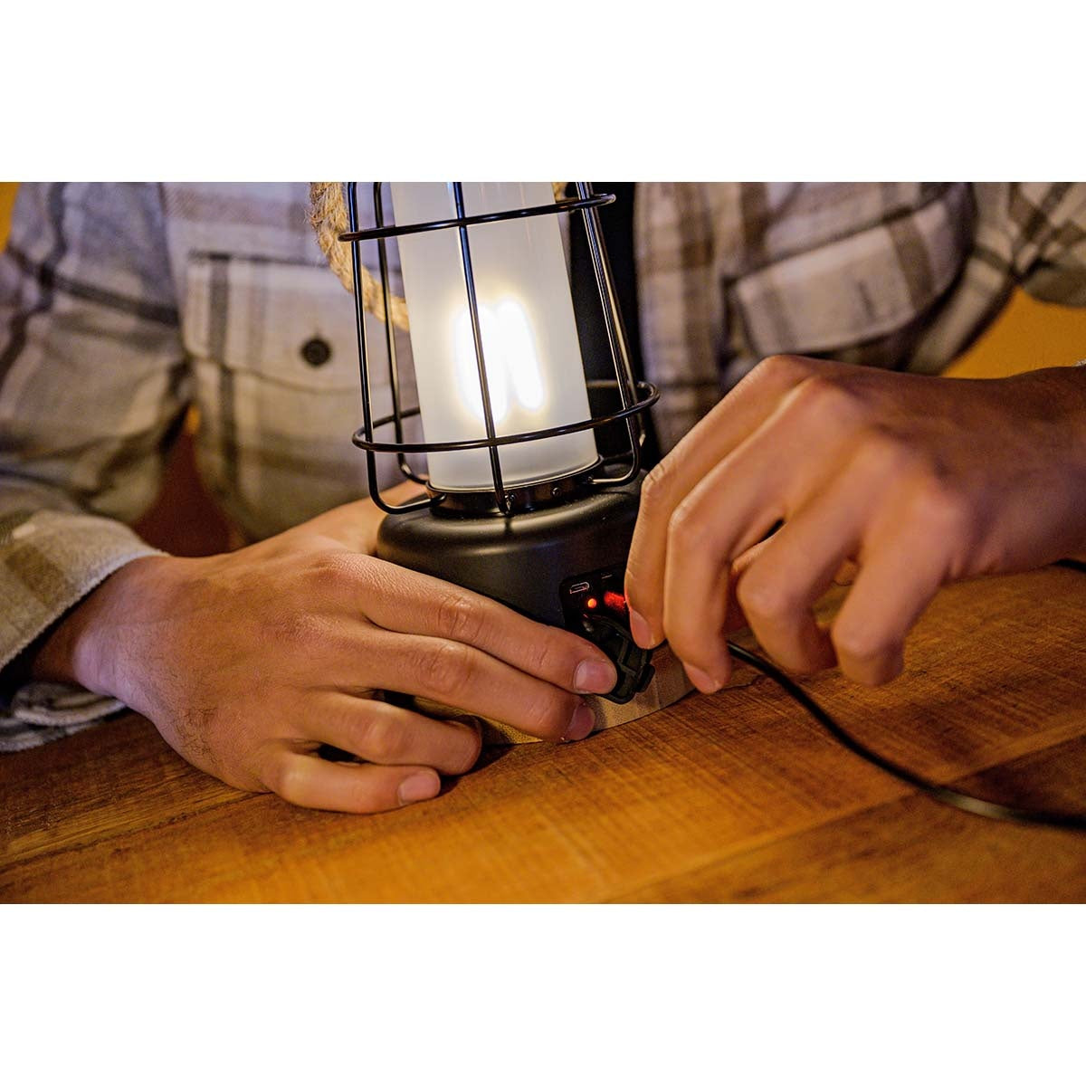 Rechargeable camping lamp CAL 1 with hemp rope and bamboo base (370 lm, IP44, burning time up to 75h, dimmable, adjustable light color)