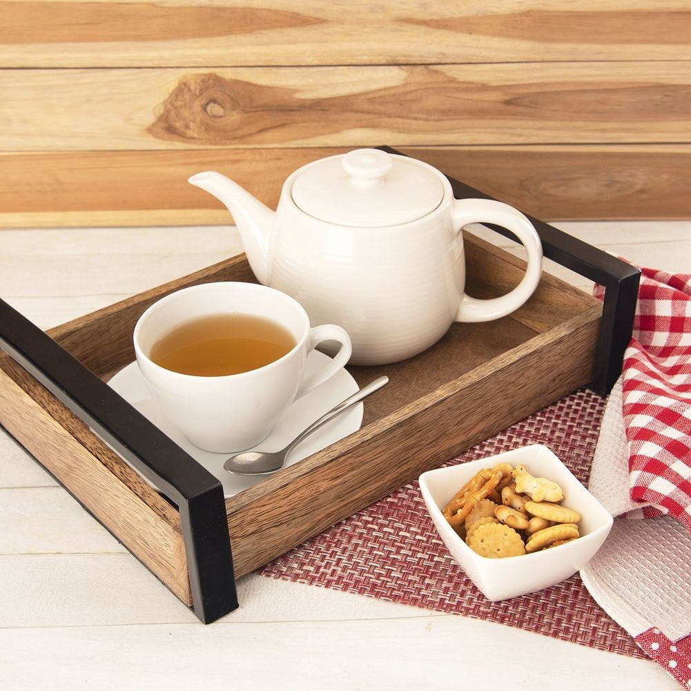 Rectangular Mango Wood Serving Tray with Metal Handle