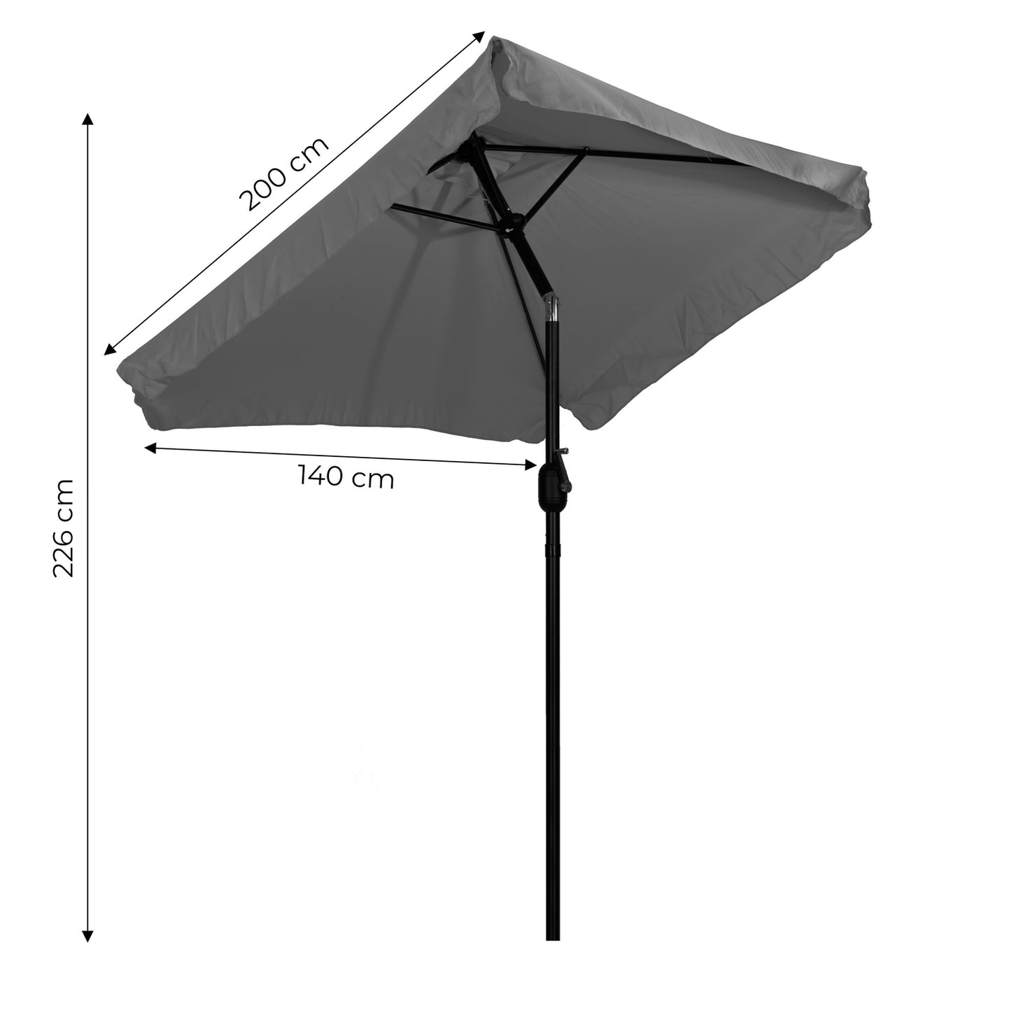 Rectangular large slanted garden umbrella with crank, gray, 200 x 140 cm