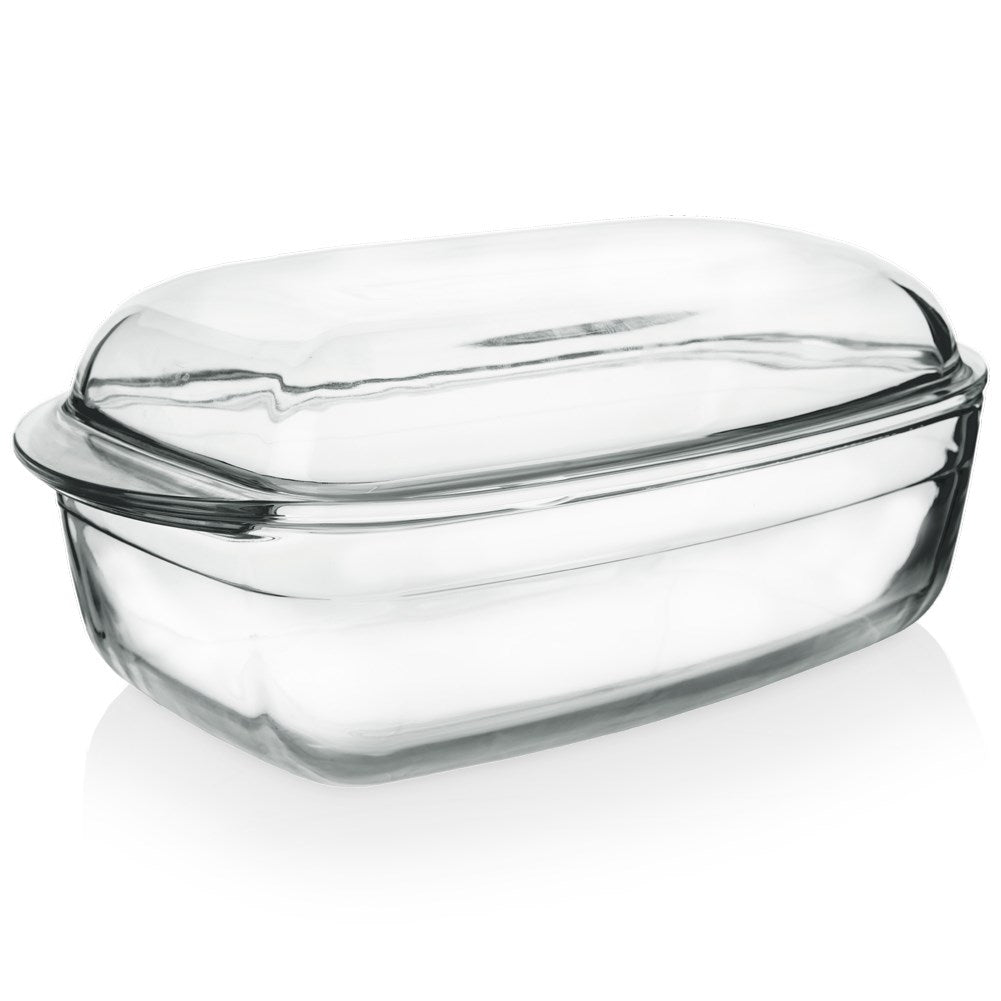 Rectangular oven form in durable glass with a practical lid