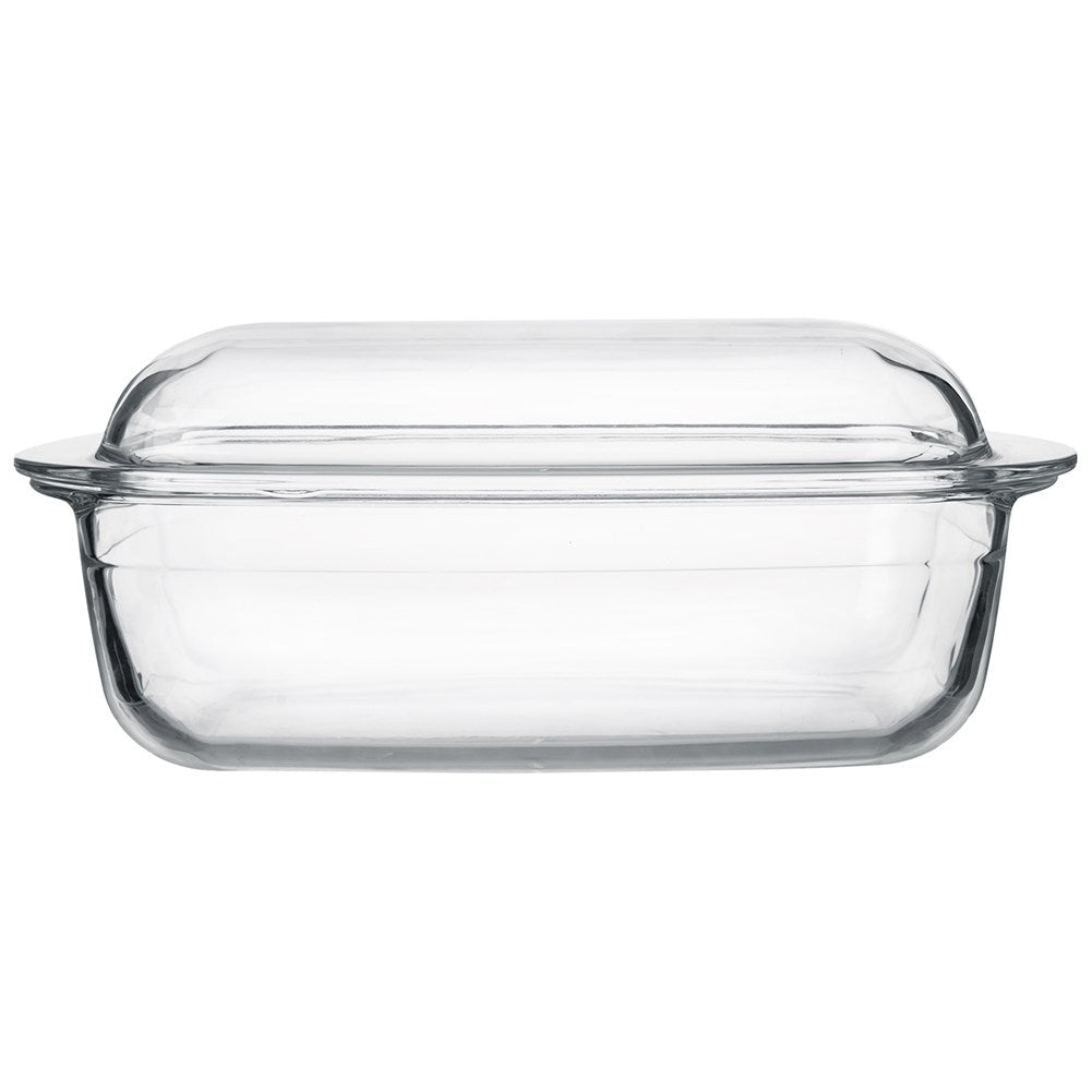 Rectangular oven form in durable glass with a practical lid