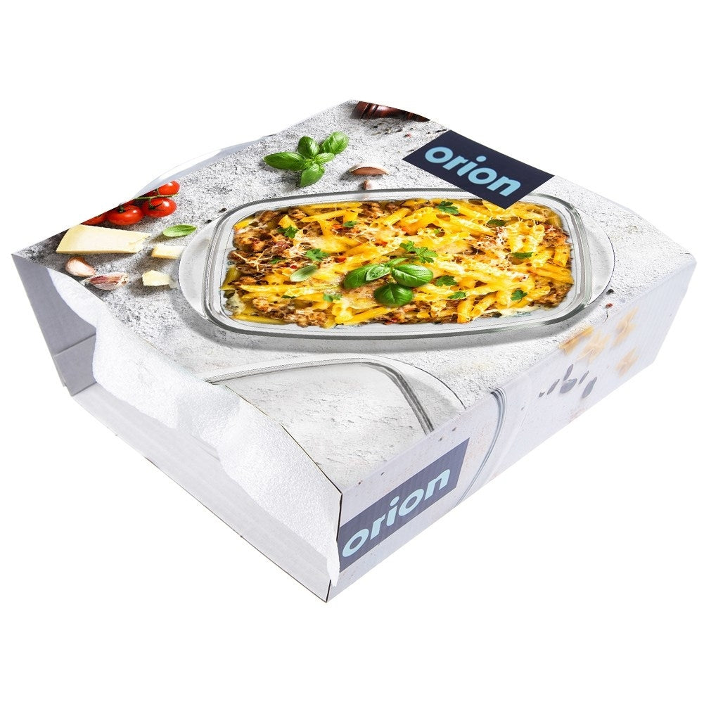Rectangular oven form in durable glass with a practical lid