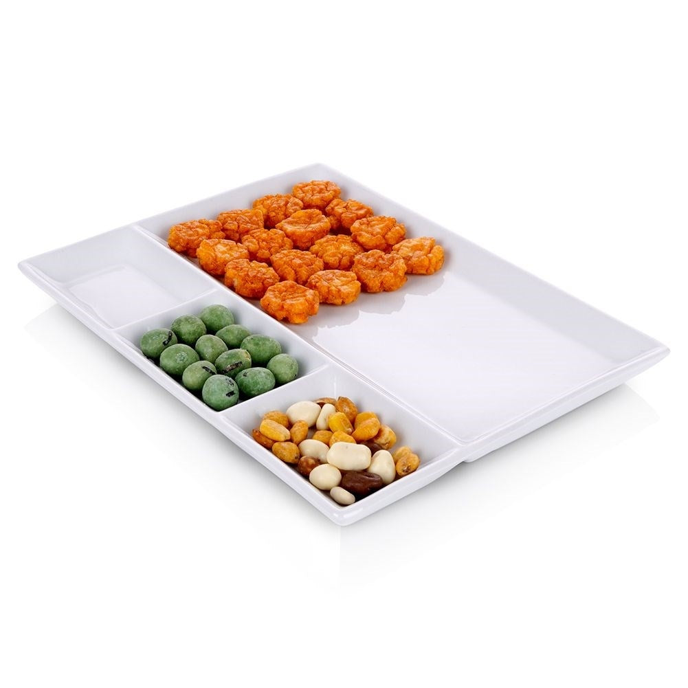 Rectangular porcelain tray with four sections for snacks