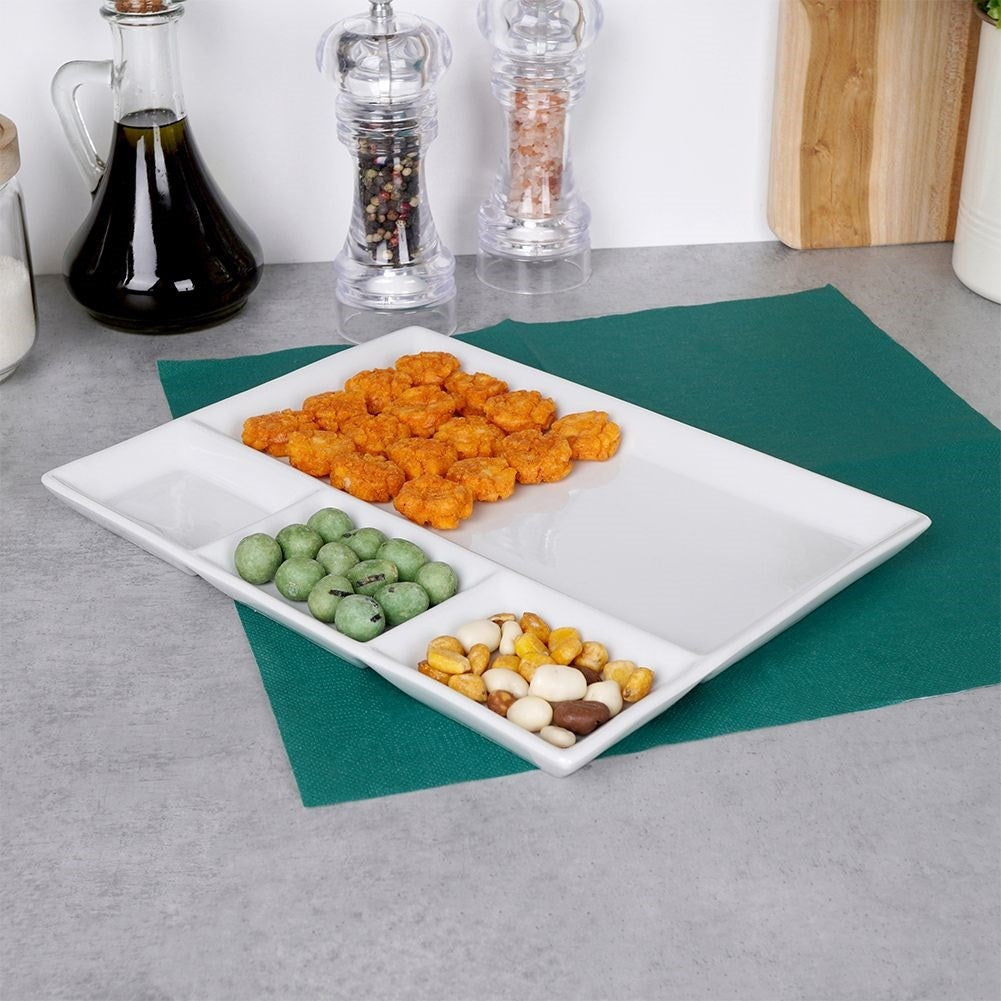 Rectangular porcelain tray with four sections for snacks