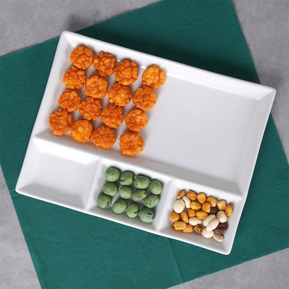 Rectangular porcelain tray with four sections for snacks