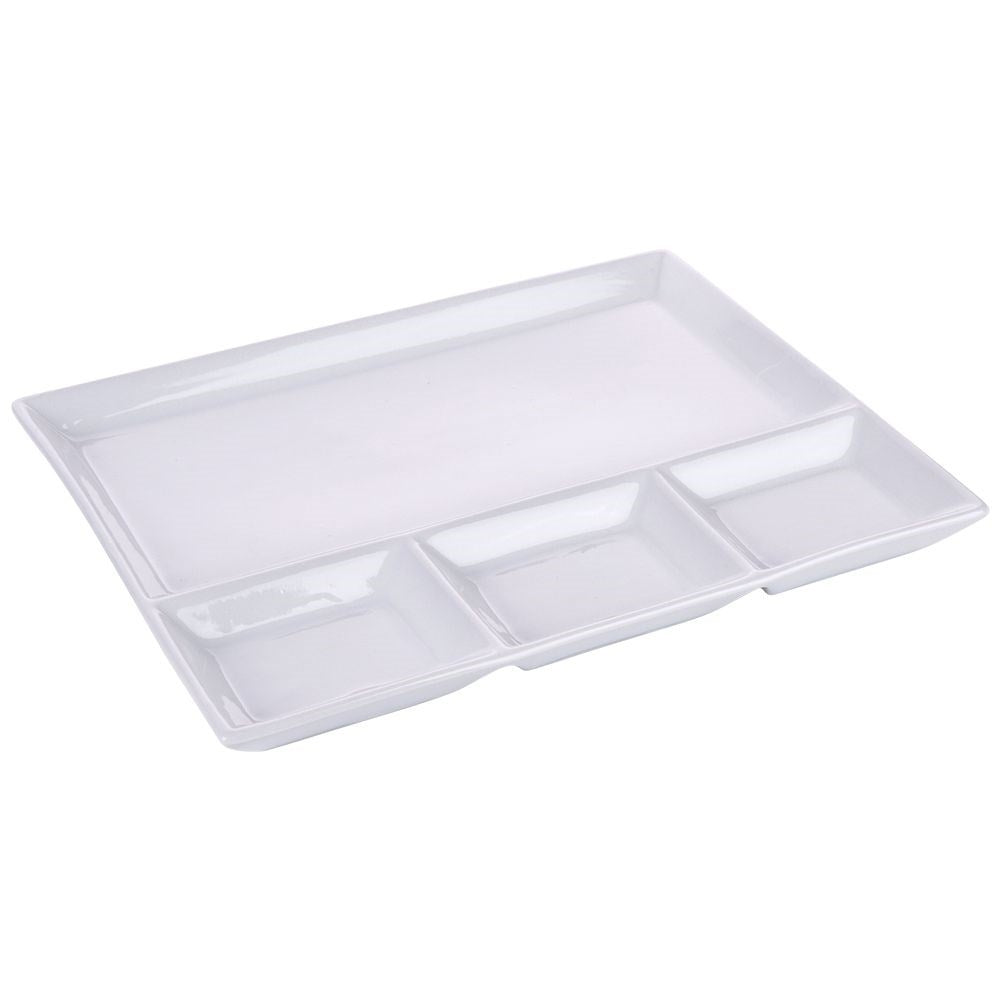 Rectangular porcelain tray with four sections for snacks