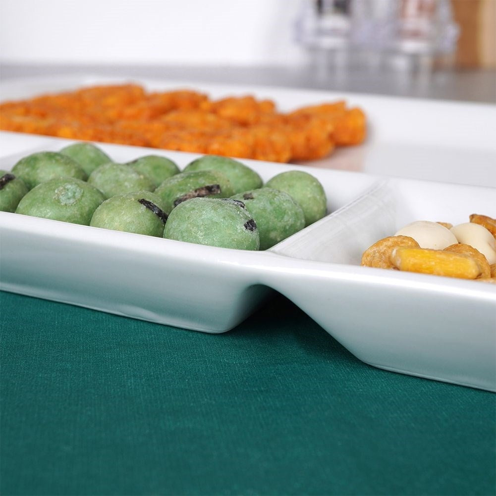 Rectangular porcelain tray with four sections for snacks