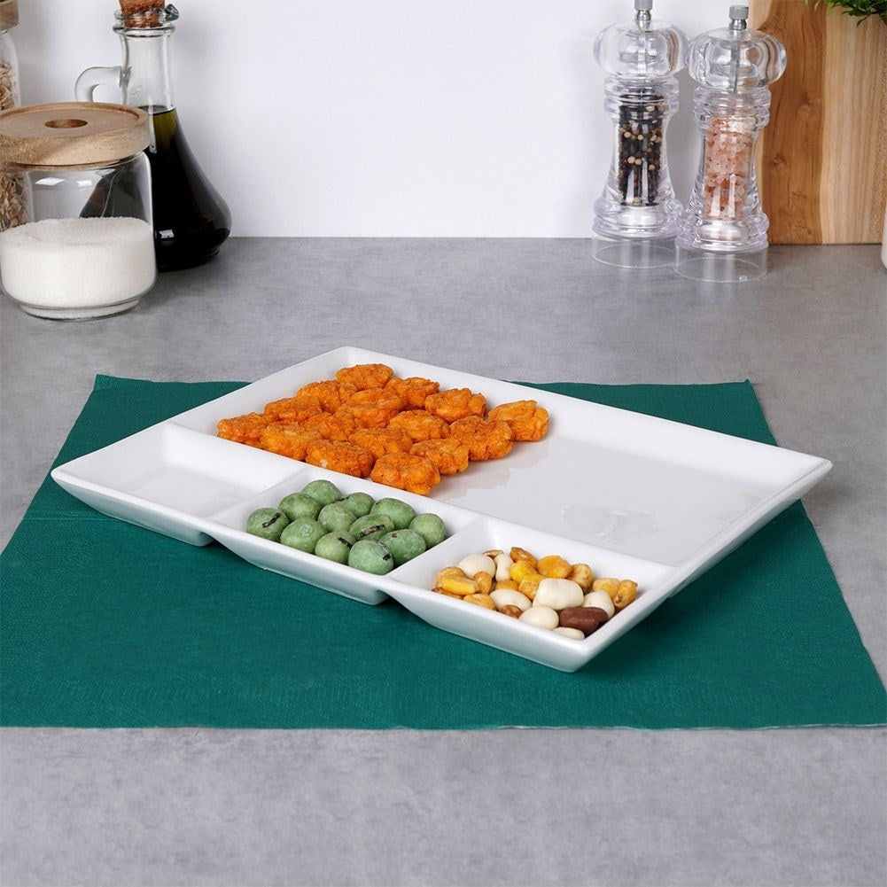 Rectangular porcelain tray with four sections for snacks