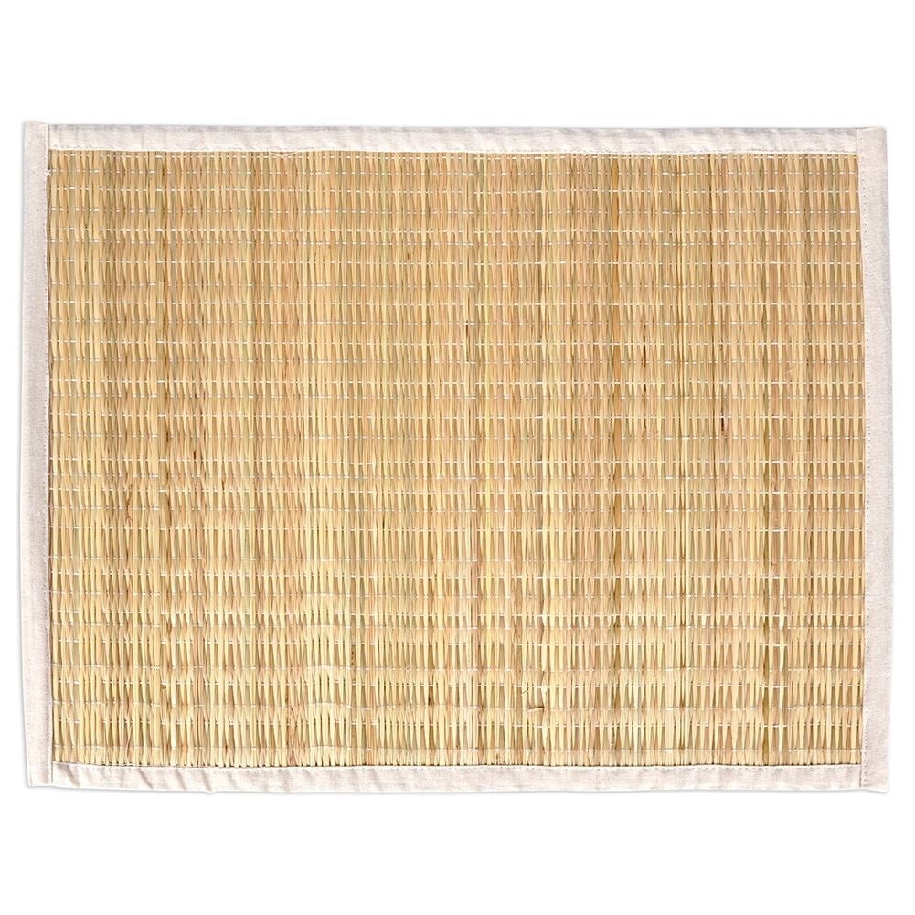 Rectangular rattan kitchen mat covered in beige cotton