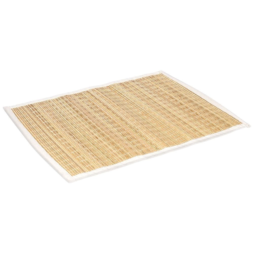 Rectangular rattan kitchen mat covered in beige cotton