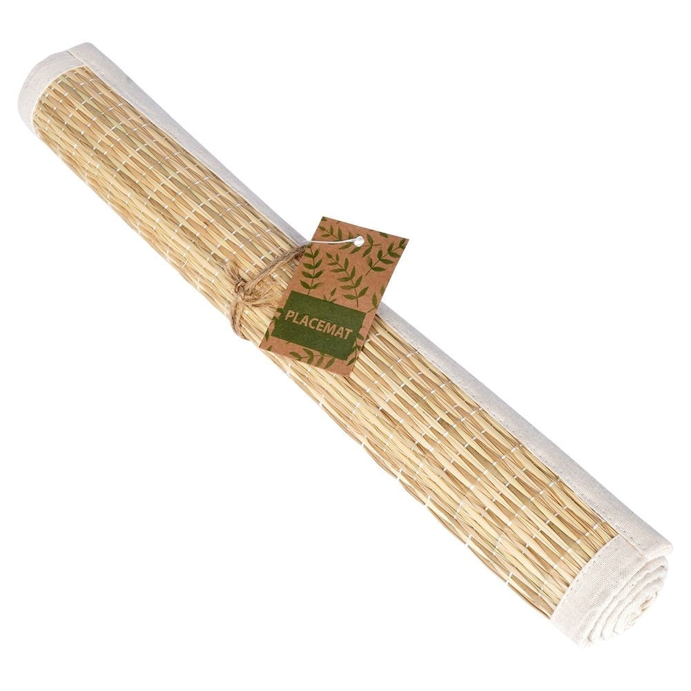 Rectangular rattan kitchen mat covered in beige cotton