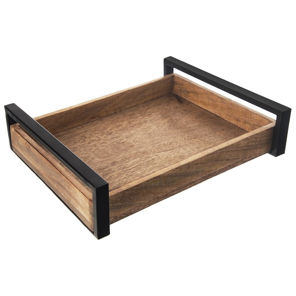 Rectangular serving tray in mango wood with metal handle