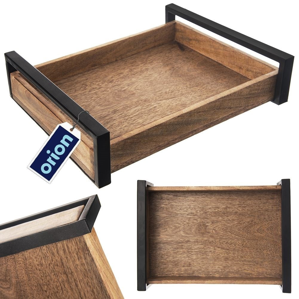 Rectangular serving tray in mango wood with metal handle