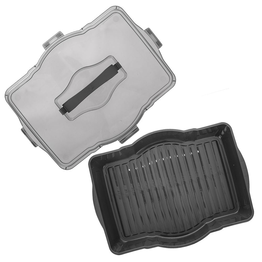 Rectangular storage container with clips and handles