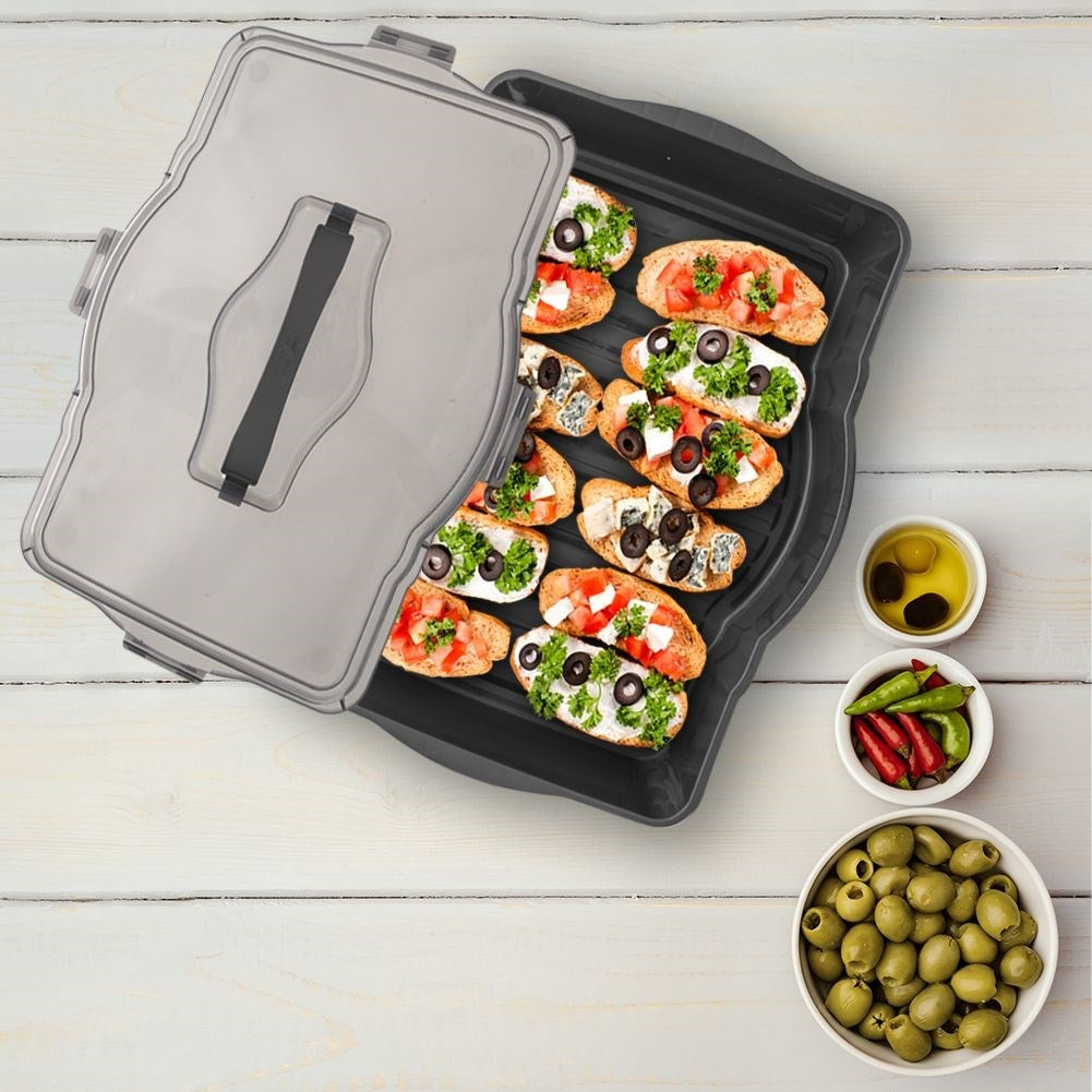 Rectangular storage container with clips and handles