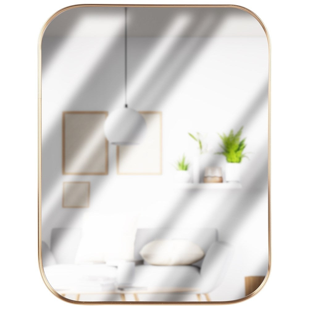 Rectangular wall mirror with gold frame and rounded corners