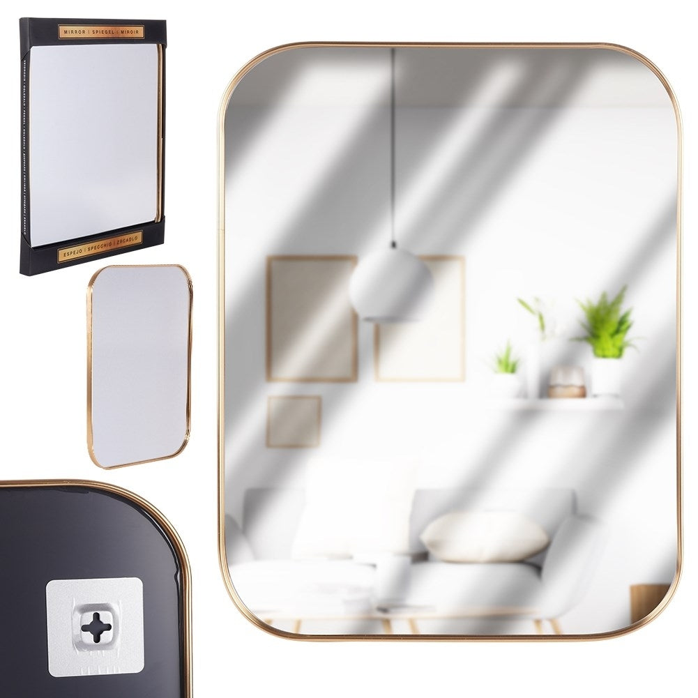 Rectangular wall mirror with gold frame and rounded corners
