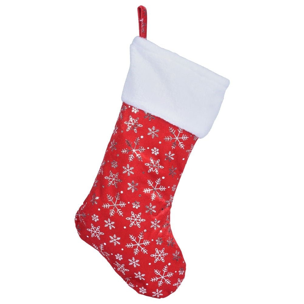 Red Christmas stocking with silvery snowflakes, soft material
