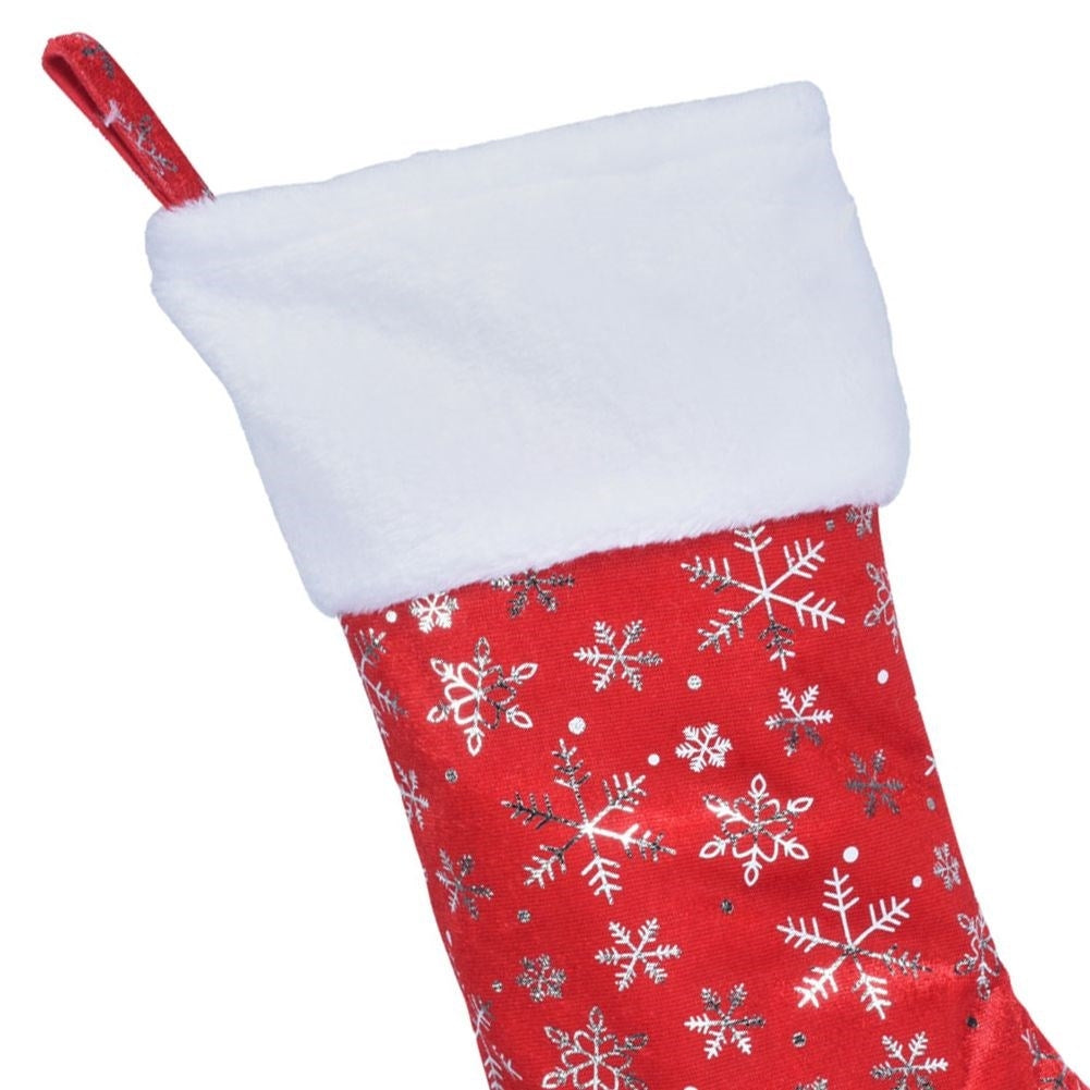 Red Christmas stocking with silvery snowflakes, soft material