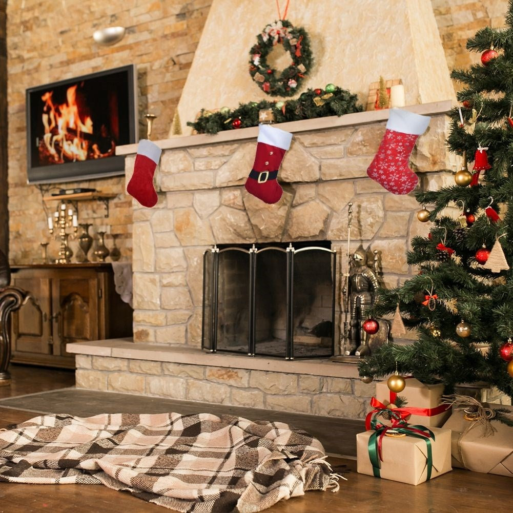 Red Christmas stocking with silvery snowflakes, soft material