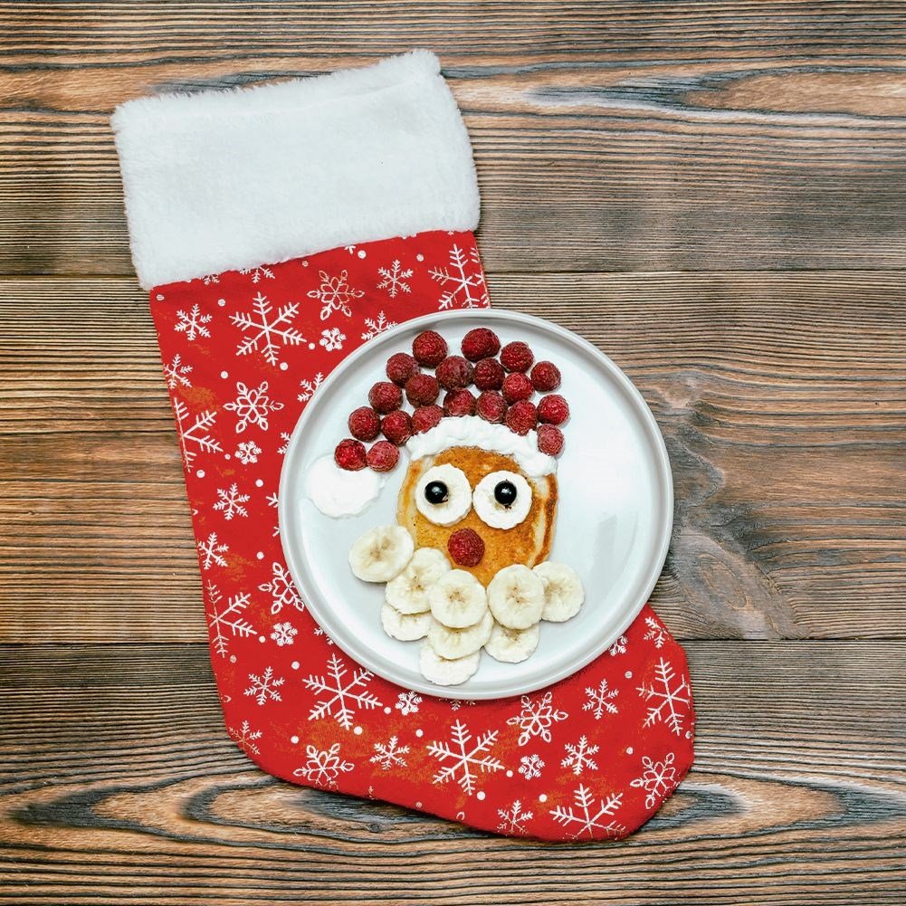 Red Christmas stocking with silvery snowflakes, soft material