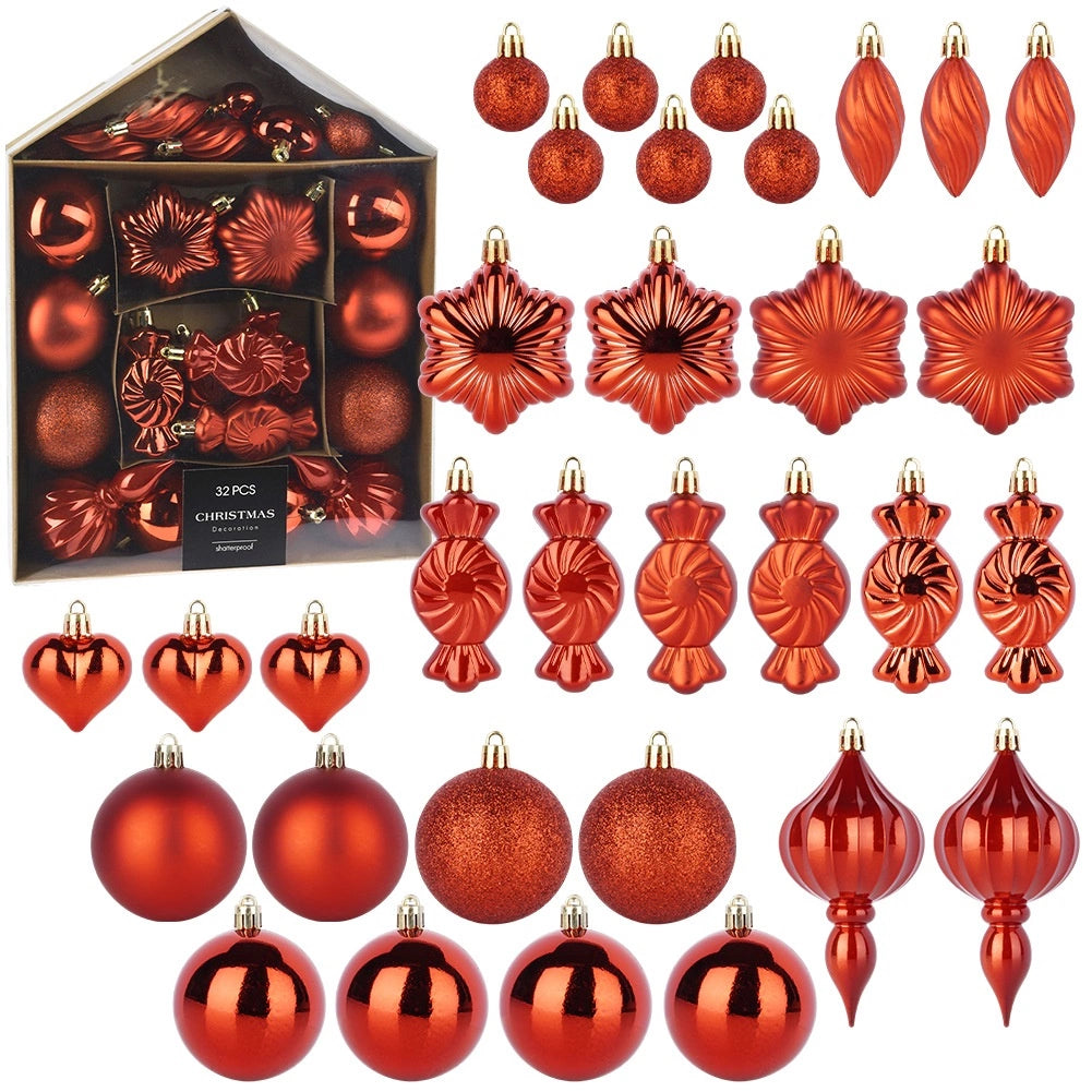 Red Shatterproof Christmas Ornaments Set, 32 Pieces