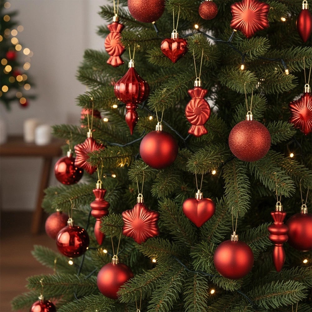 Red Shatterproof Christmas Ornaments Set, 32 Pieces