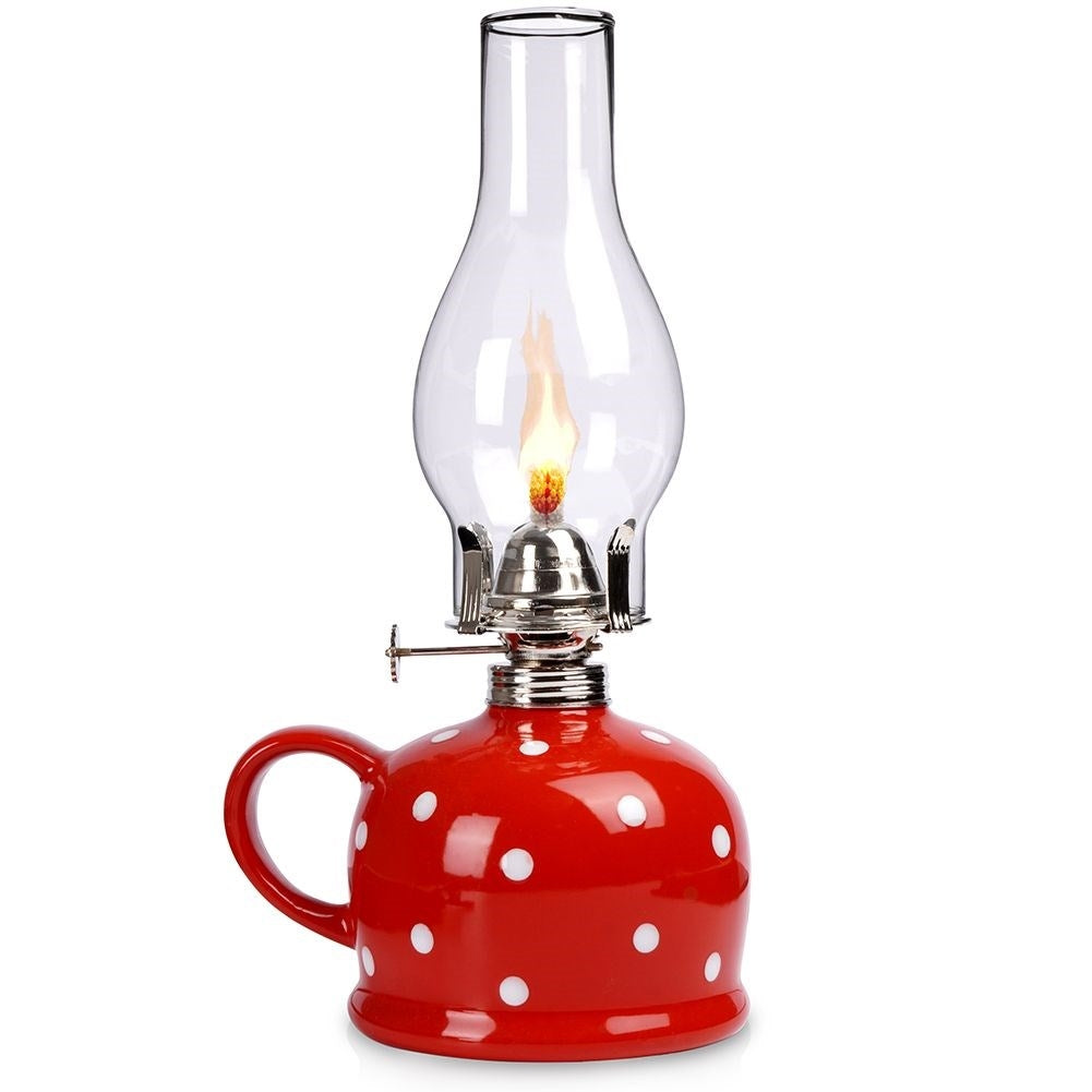 Red oil lamp in glass and ceramic with adjustable wick
