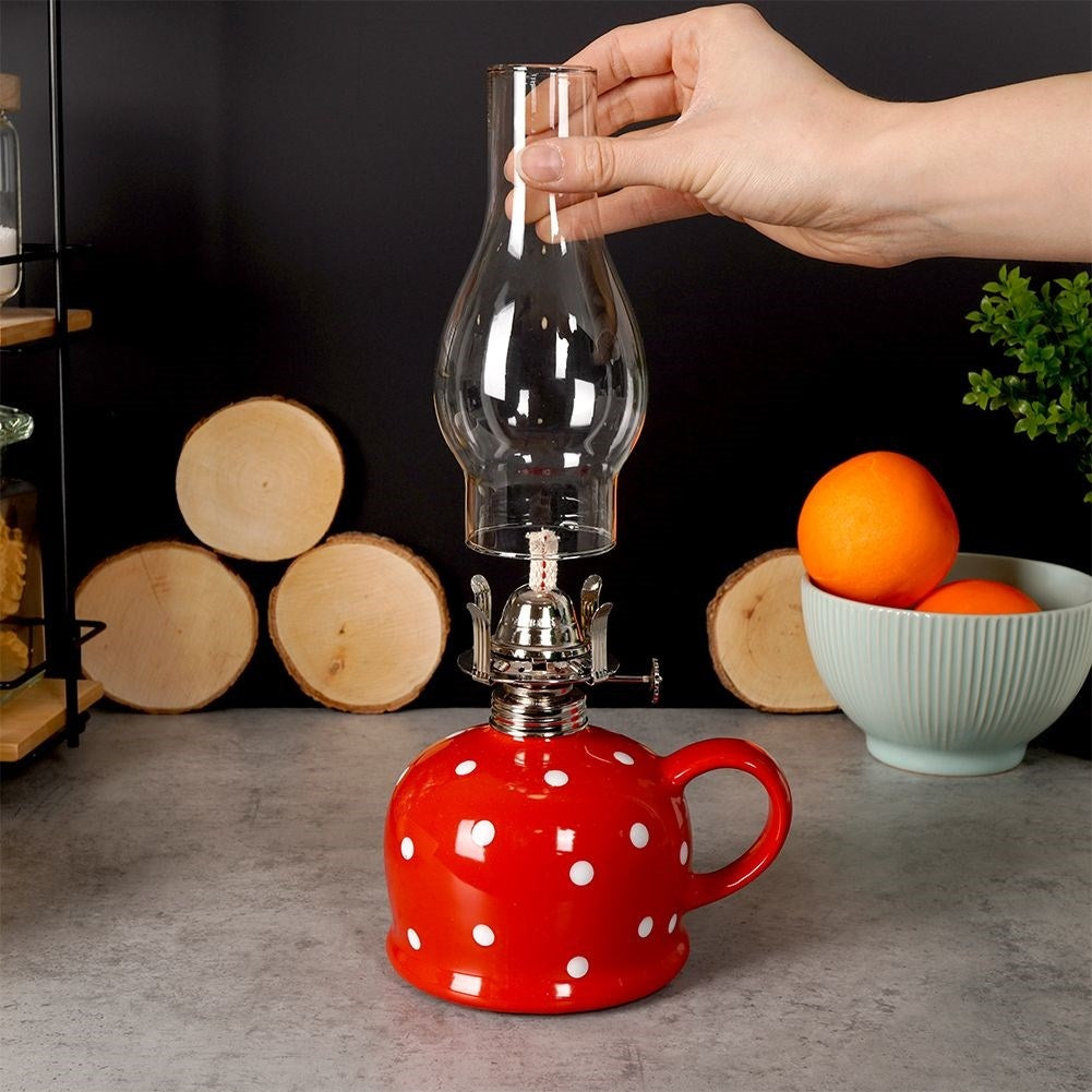 Red oil lamp in glass and ceramic with adjustable wick