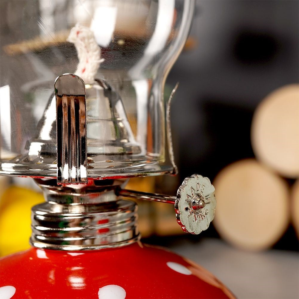 Red oil lamp in glass and ceramic with adjustable wick