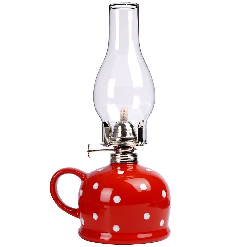 Red oil lamp in glass and ceramic with adjustable wick