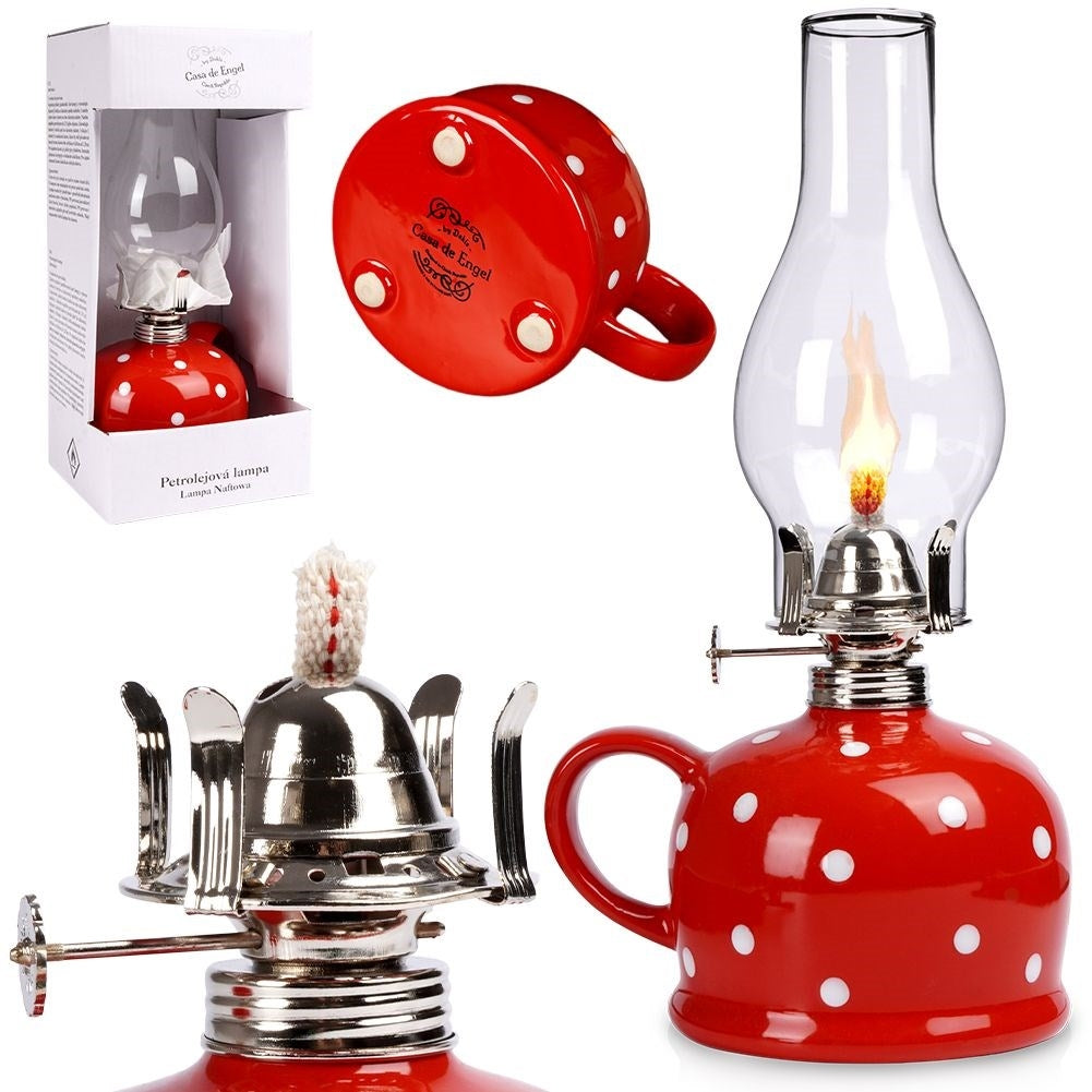 Red oil lamp in glass and ceramic with adjustable wick