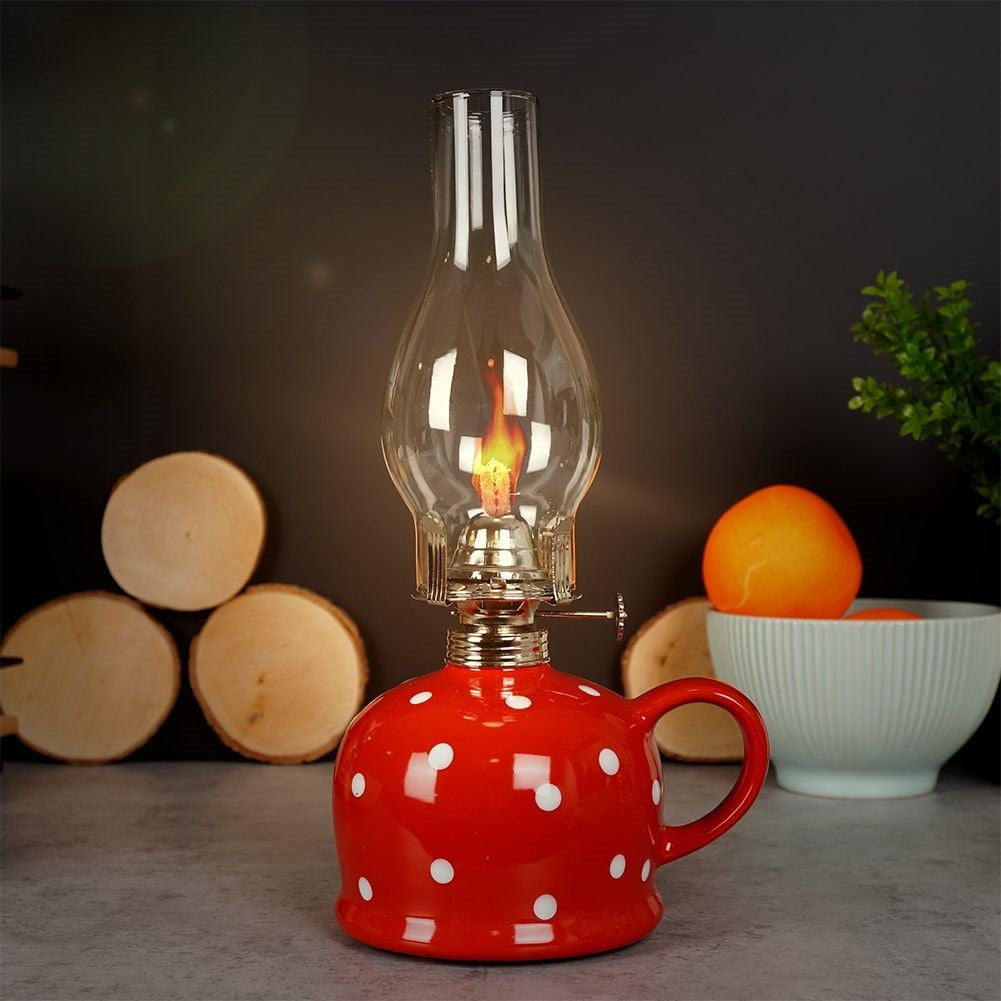 Red oil lamp in glass and ceramic with adjustable wick