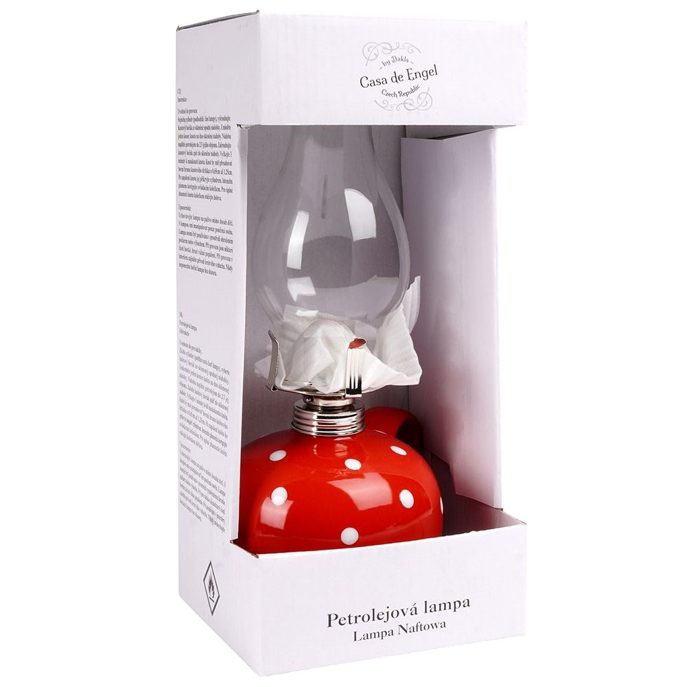 Red oil lamp in glass and ceramic with adjustable wick