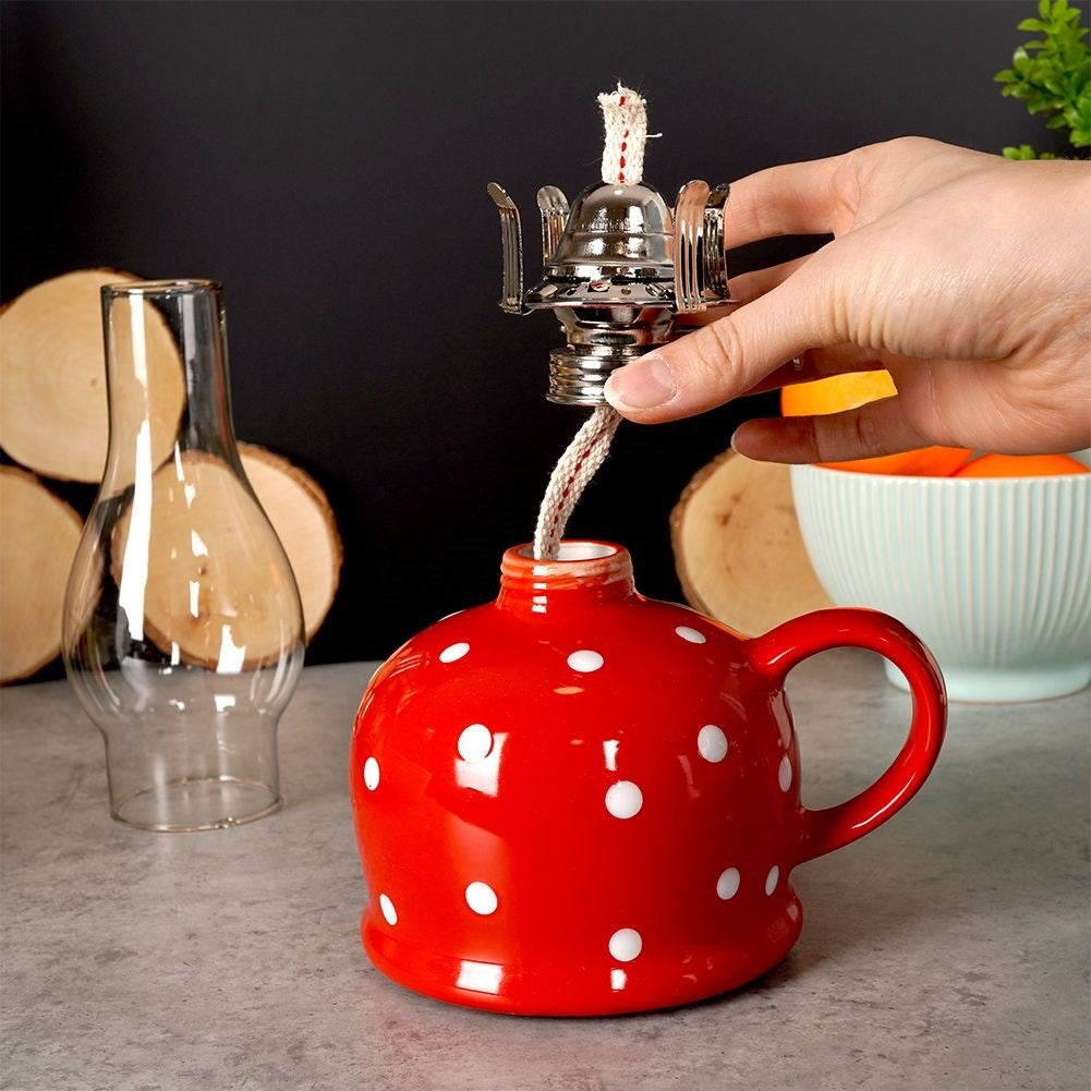 Red oil lamp in glass and ceramic with adjustable wick