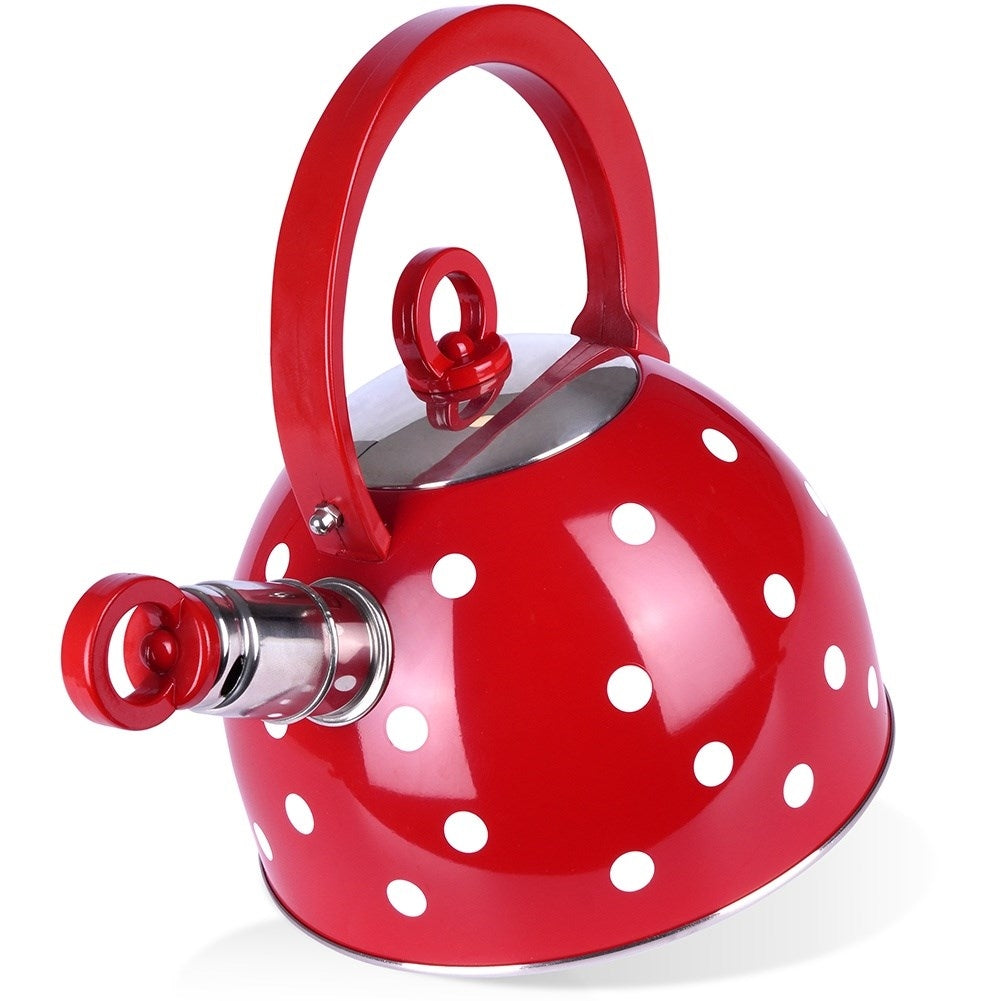 Red teapot in stainless steel with dots and whistle