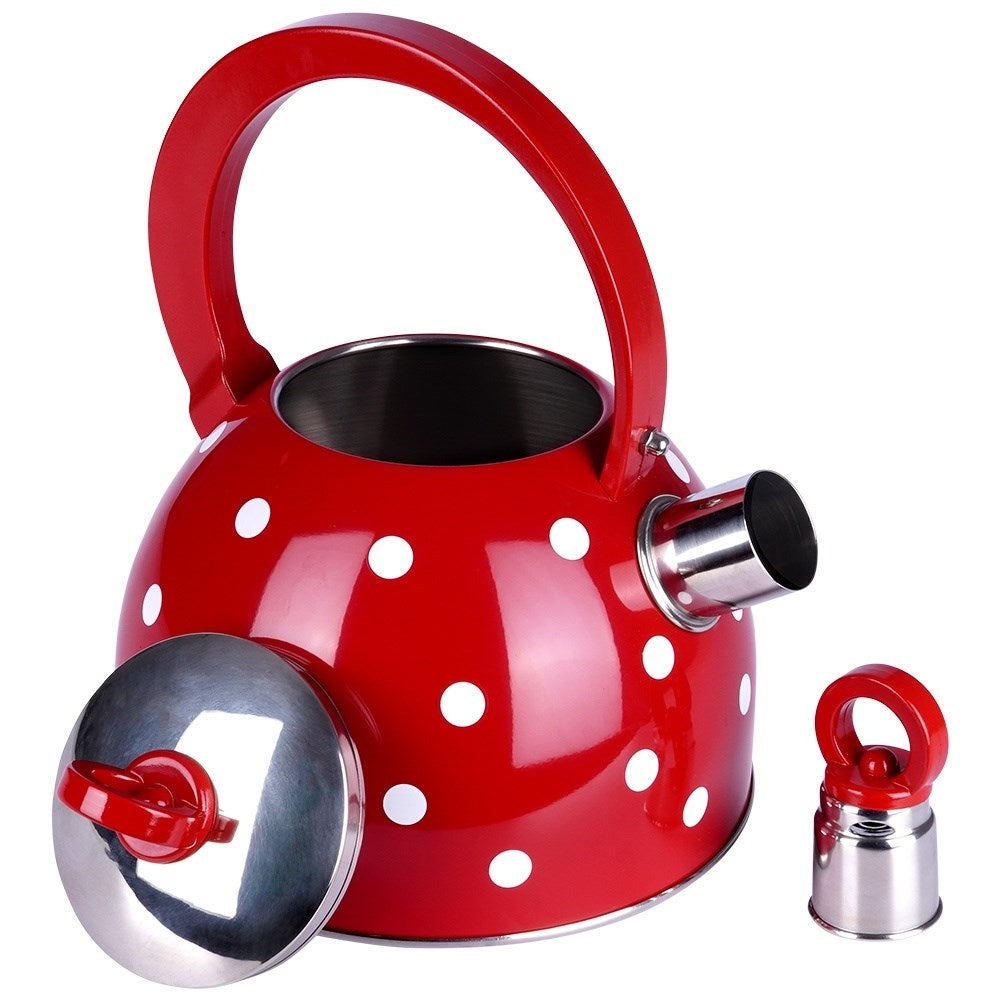 Red teapot in stainless steel with dots and whistle