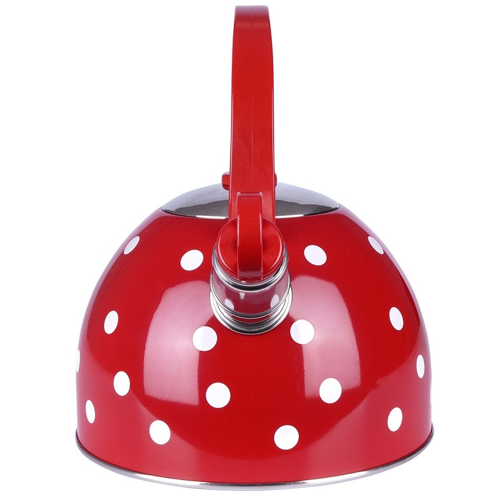Red teapot in stainless steel with dots and whistle