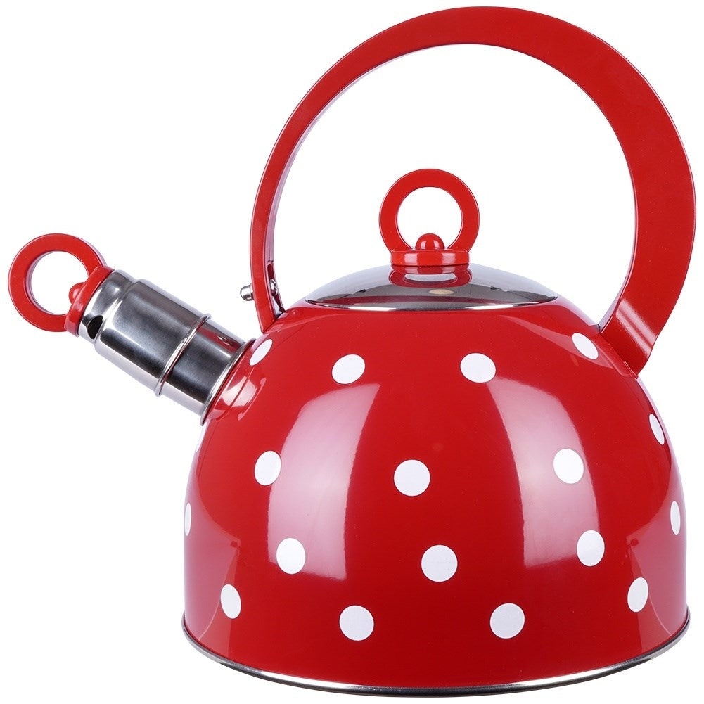 Red teapot in stainless steel with dots and whistle