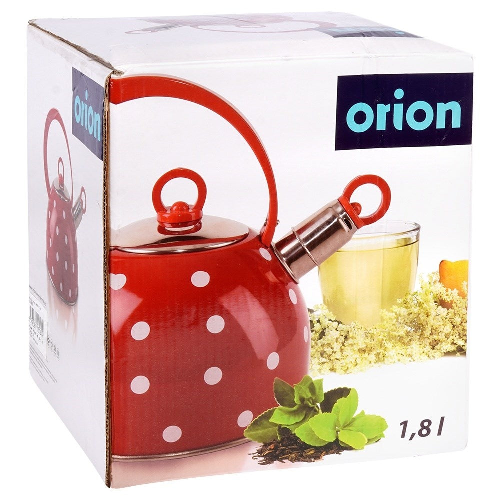 Red teapot in stainless steel with dots and whistle