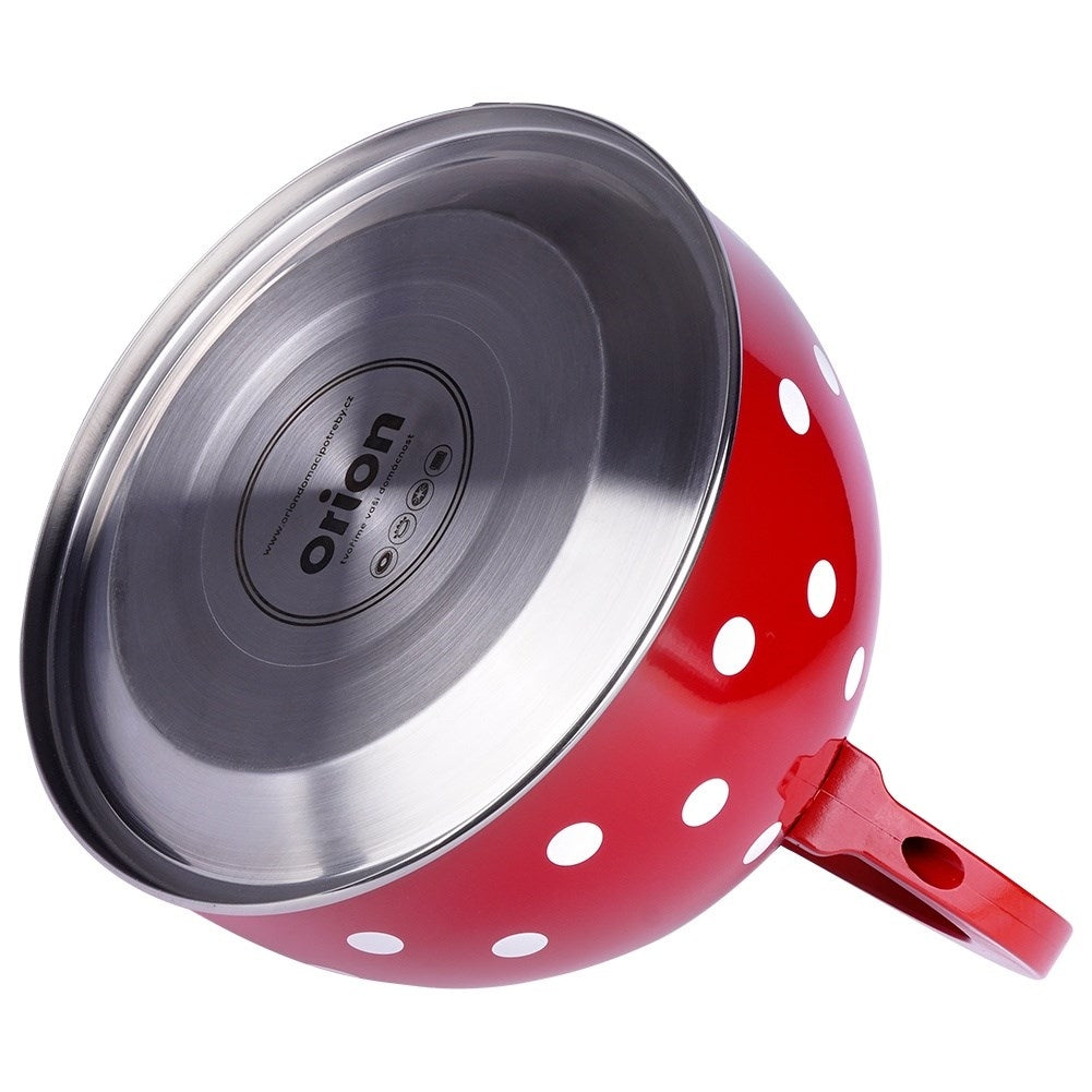Red teapot in stainless steel with dots and whistle