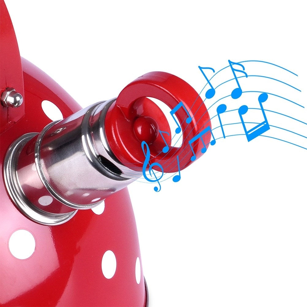 Red teapot in stainless steel with dots and whistle