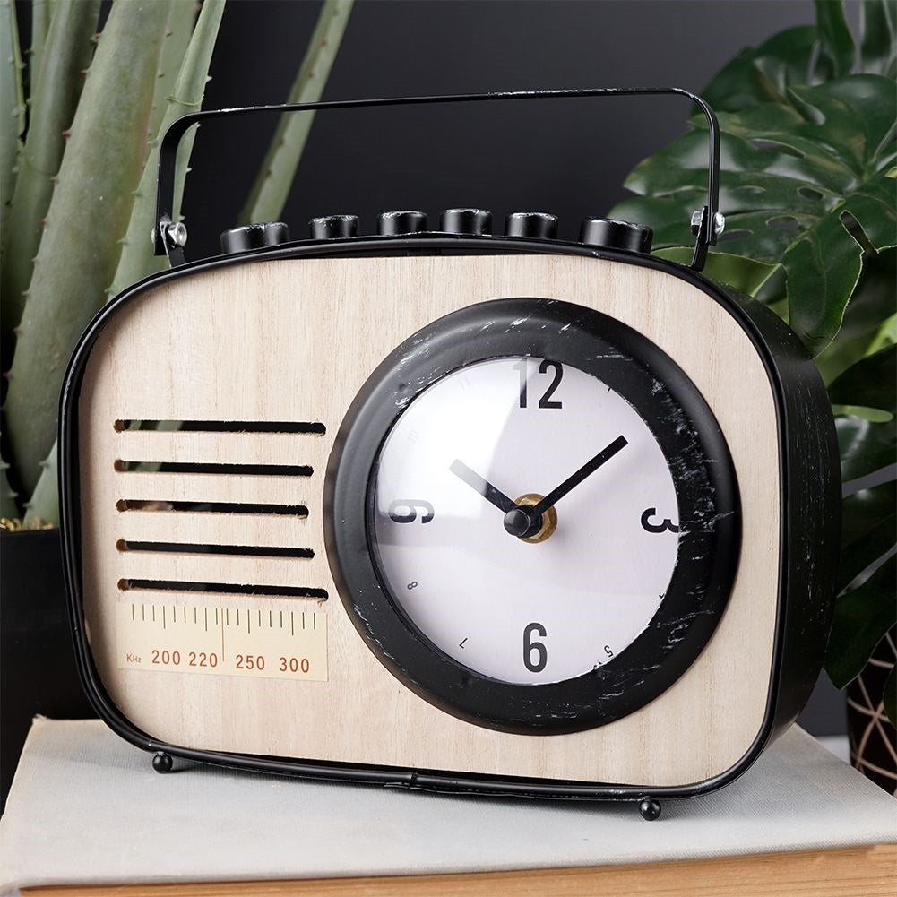 Retro Clock Radio in Black Metal and MDF for Desk/Table