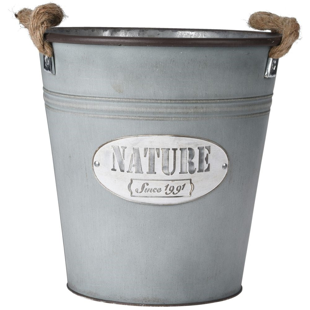 Retro metal pot with jute rope handle for indoor/outdoor use