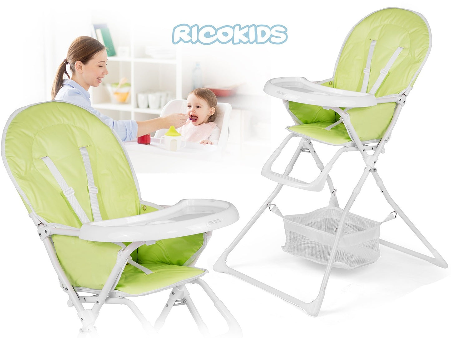 Ricokids FANDO high chair with table, green + free basket