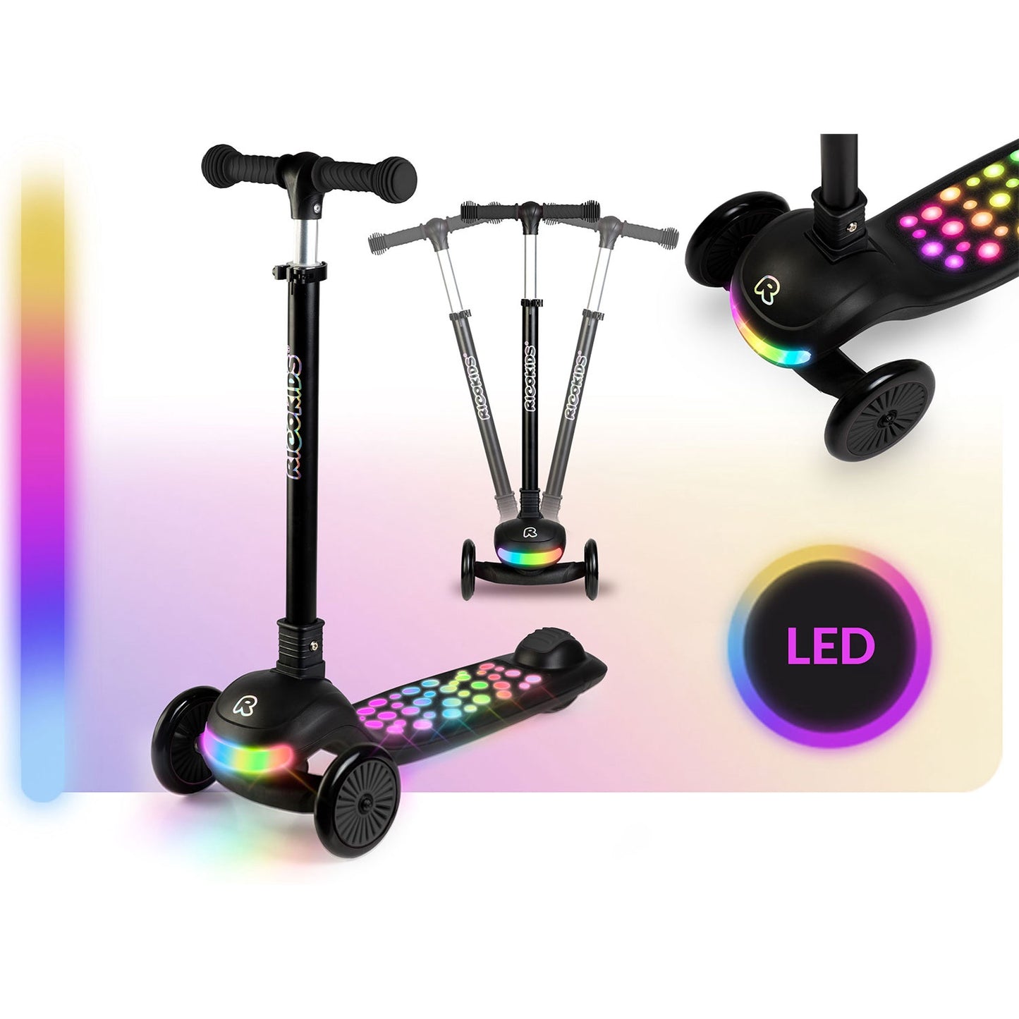 Ricokids Glowi three-wheeled LED balance scooter for children - black