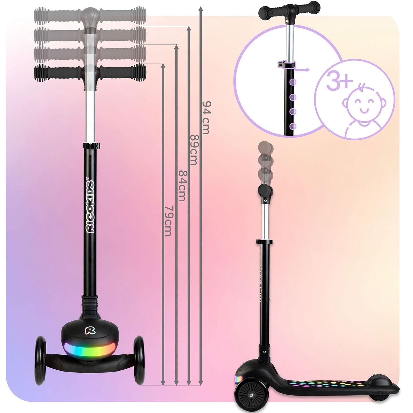 Ricokids Glowi three-wheeled LED balance scooter for children - black