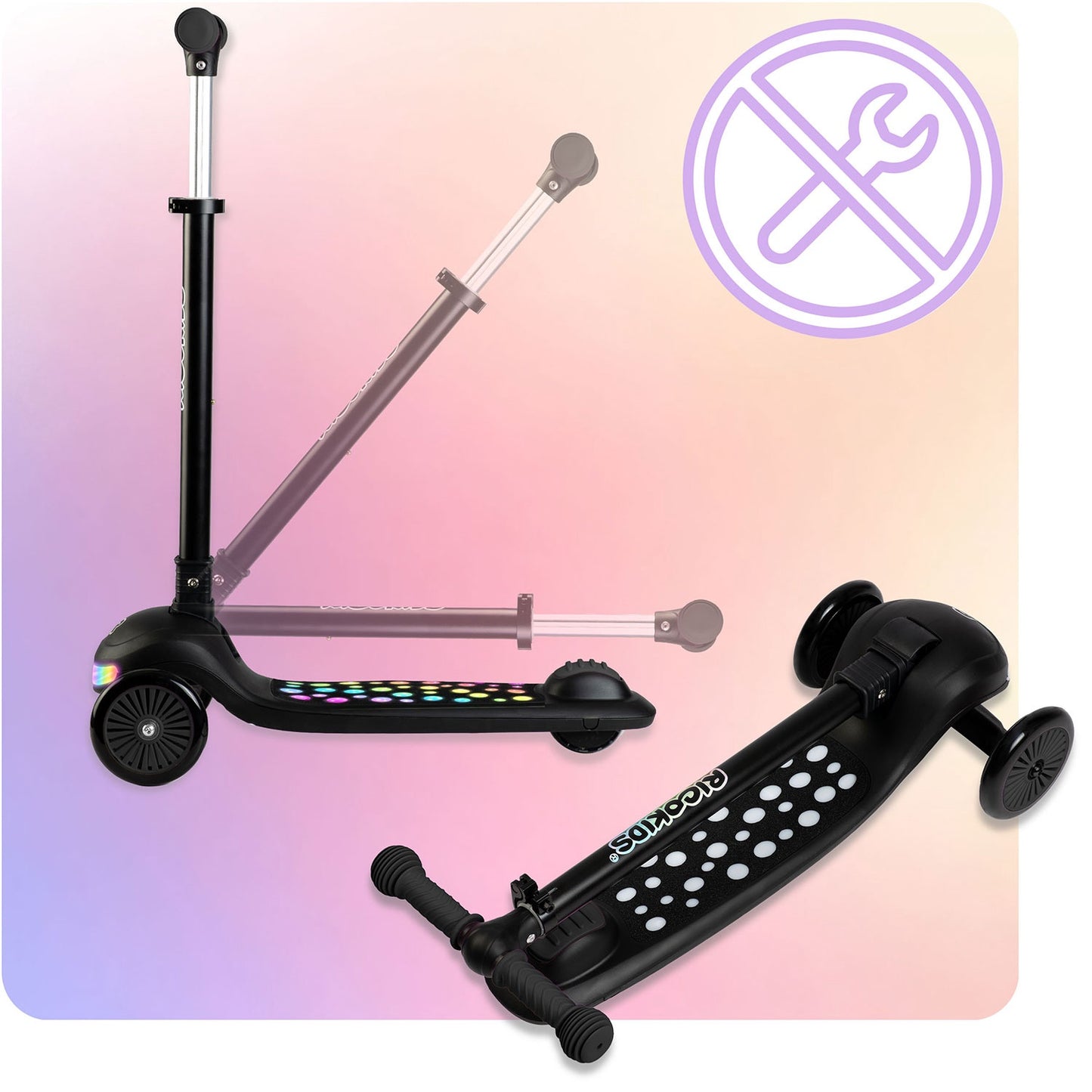 Ricokids Glowi three-wheeled LED balance scooter for children - black