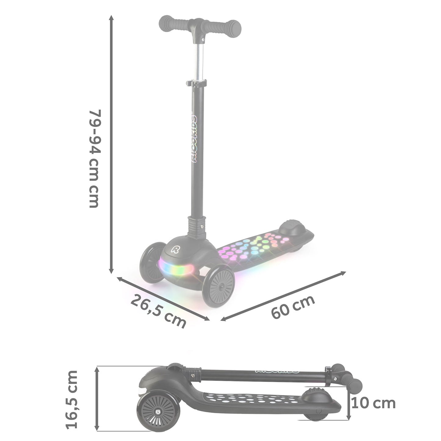 Ricokids Glowi three-wheeled LED balance scooter for children - black