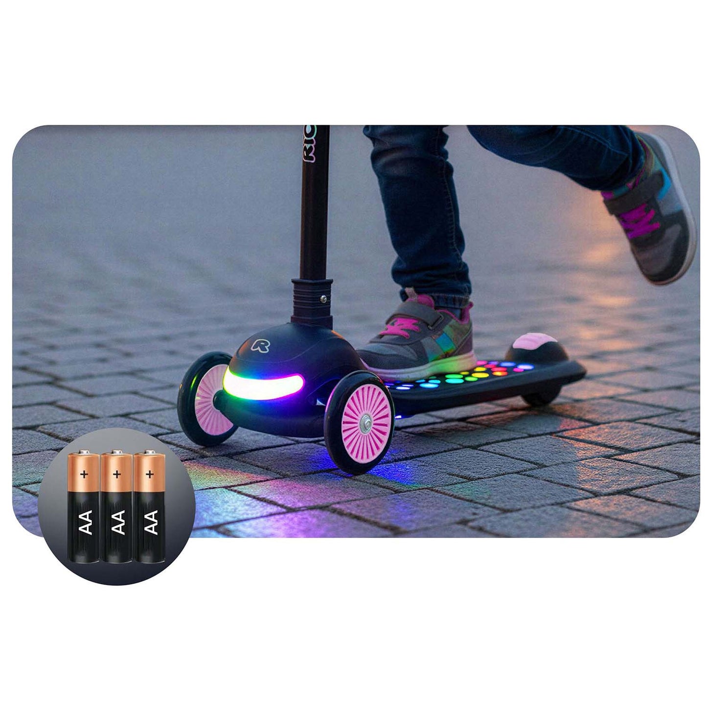 Ricokids Glowi three-wheeled LED balance scooter for children - black and pink